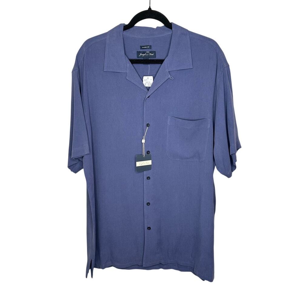 Joseph & Feiss Classic Fit 100% Silk Button Up Shirt Blue Short Sleeve NWT XL